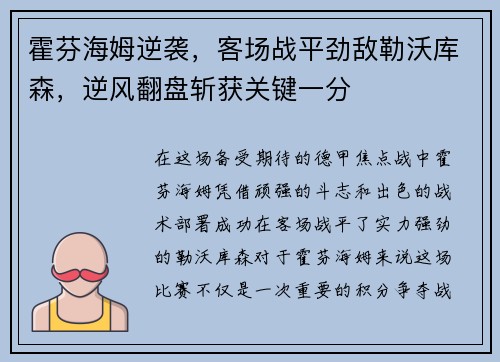 霍芬海姆逆袭，客场战平劲敌勒沃库森，逆风翻盘斩获关键一分